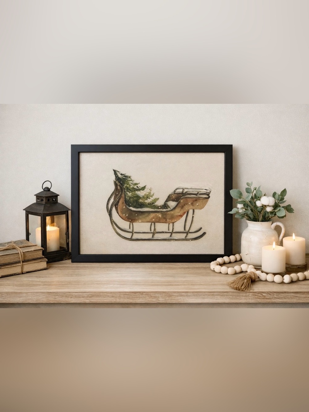 Watercolor Sleigh with Christmas Tree Framed 8x10” Christmas Print, Gallery Wall